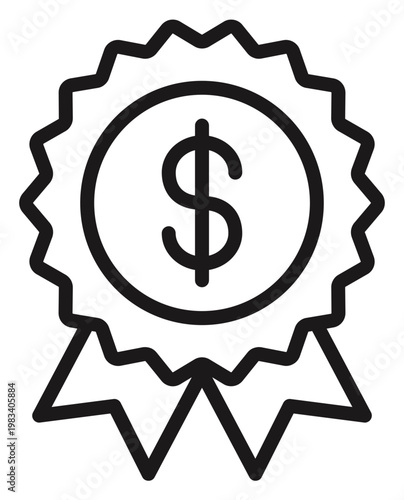 Minimalist black vector icon illustration of a prize ribbon medal featuring a dollar sign symbol, representing financial success, monetary awards, business bonuses, and premium value quality.