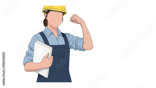 Construction Worker Determination: A determined construction worker, clad in a protective hard hat and work clothes, flexes her arm with a clenched fist, embodying strength and determination.