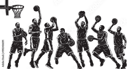 Black and white of basketball players in mid action poses dynamic poses dribbling shooting