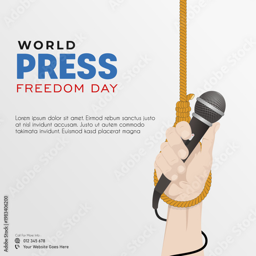World Press Freedom Day poster featuring an illustration of hand tied with rope holding a microphone
