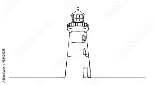 Minimalist line drawing of a classic lighthouse with rounded base and upper lantern