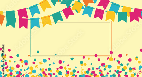 Vibrant festive background with colorful bunting flags and scattered confetti, featuring a central blank frame for celebration messages or party invitations.