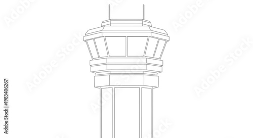 Line drawing of an air traffic control tower cab and upper structure against a white background.