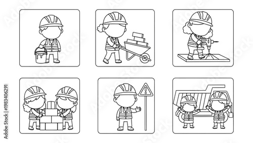 Construction Crew in Action: A charming cartoon depicts construction workers diligently at work on a building site, engaging in various tasks with tools and materials.