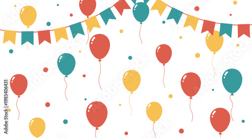 Colorful seamless pattern with vector balloons and confetti for a happy birthday party celebration or festive anniversary gift card background