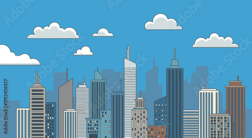 A majestic city skyline with skyscrapers and urban architecture reaches into the clouds as a vector illustration of a downtown district silhouette against a sky landscape