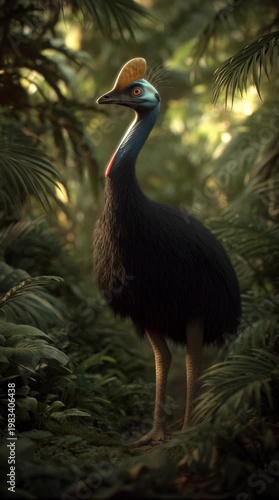 Cassowary behavior display in lush rainforest wildlife close-up view