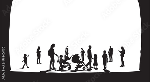 Black and white of diverse people in motion silhouettes standing walking