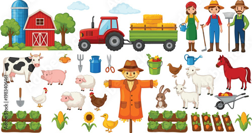 Farm agriculture collection set with farmer characters tractor barn animals crops tools and rural elements isolated on white background