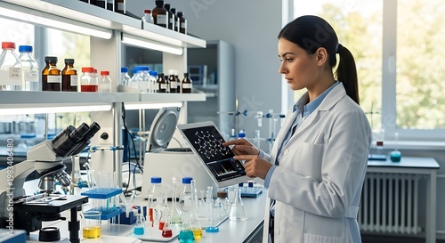 Female Scientist Analyzing Data on Tablet in Laboratory.