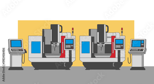 Two modern computer numerical control (CNC) milling machines with separate control panels in an industrial setting, ready for manufacturing tasks.