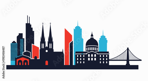 Stylized graphic illustration of a modern city skyline featuring various architectural structures and a prominent bridge.