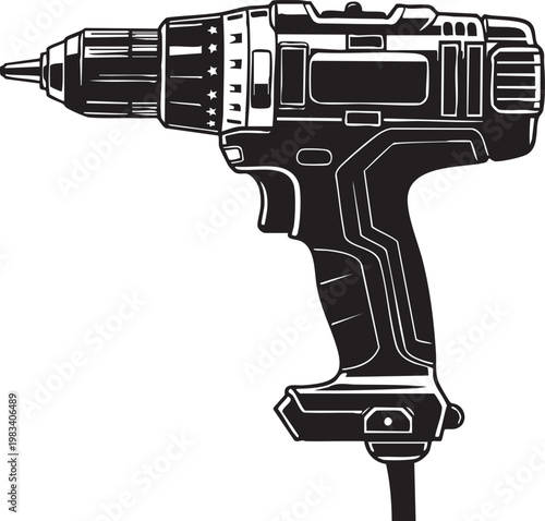 Black and white of a corded electric power drill with drill bits corded drill electric tool