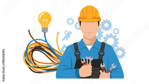 Electrician's Blueprint: A skilled electrician, equipped with essential tools and wearing a safety helmet, symbolizes electrical expertise and technical skill.