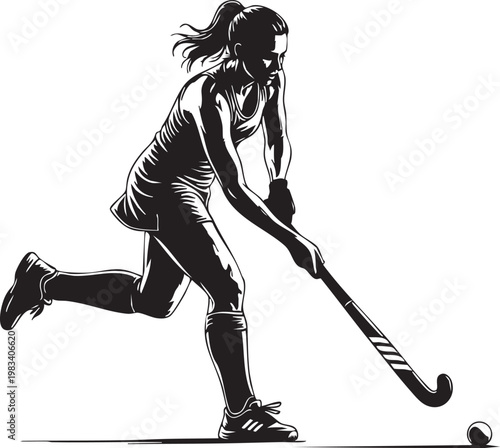 Black and white of female field hockey player hitting ball female athlete hockey stick sports action