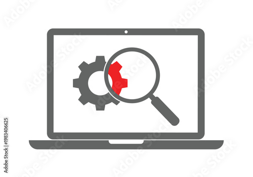 Laptop computer setting gear magnifying glass search diagnostics technical support maintenance.