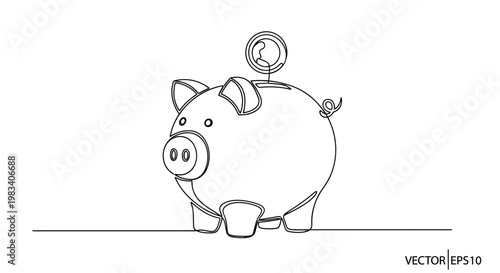 A continuous line drawing of a piggy bank with a coin about to be inserted