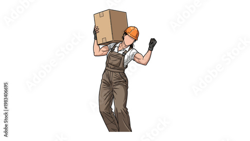Hard Work in Progress: A determined individual, clad in work attire and a protective helmet, shoulders a cardboard box with unwavering commitment, representing the spirit of the labor force.