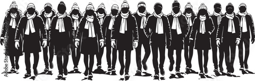 Black and white of fifteen diverse adults standing in a line diverse group