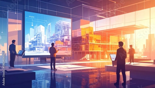 Futuristic Business Meeting with Holographic City Display.