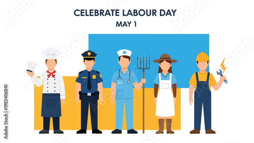 Labor Day Celebration: A diverse group of essential workers stand united, celebrating Labor Day with pride and appreciation for their contributions to society.