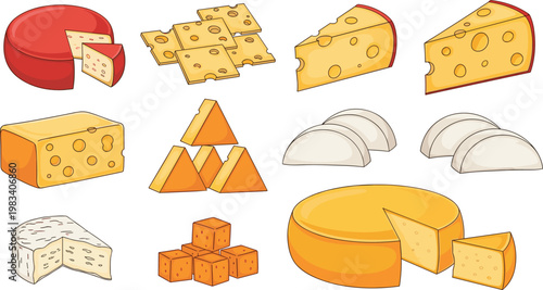 Cheese collection vector set with various types including sliced blocks wedges cubes and dairy products isolated on white background for food design