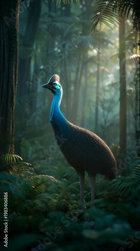 Cassowary encounter in lush jungle wildlife mystical atmosphere close-up view