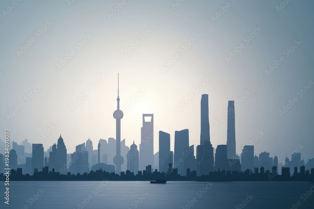 Fototapeta premium Exploring minimalist skyline silhouettes of a city at sunrise with low contrast colors
