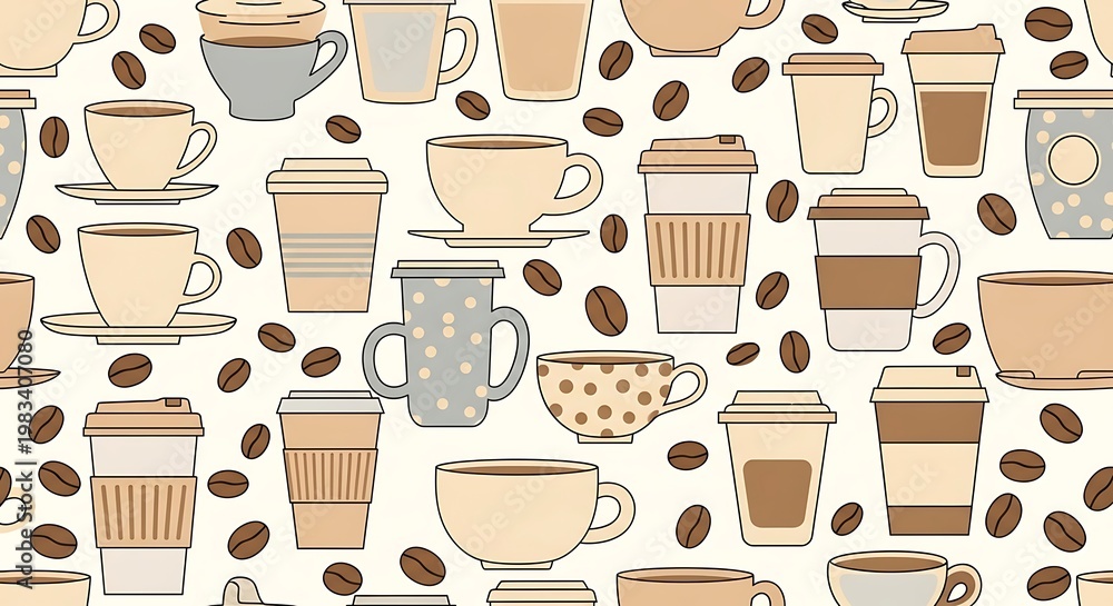 Hand Drawn Doodle Coffee Cups and Beans Seamless Pattern.