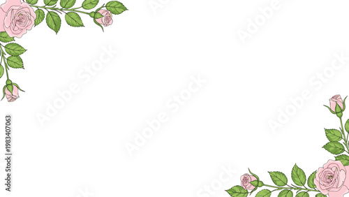 Elegant floral border design features delicate pink roses and lush green leaves framing the corners on a plain white background.