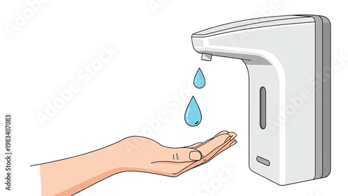 Modern automatic hand sanitizer dispenser releases blue liquid drops onto a human hand to promote hygiene and safety measures.