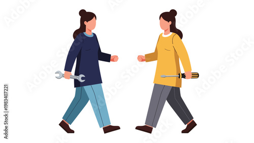 Collaboration in Action: Two figures, each equipped with tools, walk towards each other, symbolizing unity and partnership in a shared endeavor, a testament to effective teamwork.