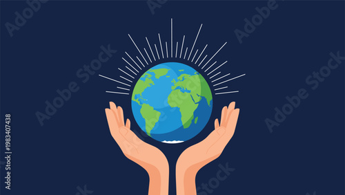 Compassionate illustration shows two hands gently cradling the earth globe with glowing rays against a dark blue background.