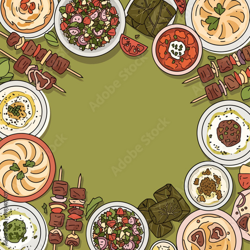 Middle Eastern Food Poster Template with Sand Background, Arabic Meze Frame Design with Flat Illustrations of Lamb Kebabs, Tabbouleh, Baba Ganoush, and Dolma