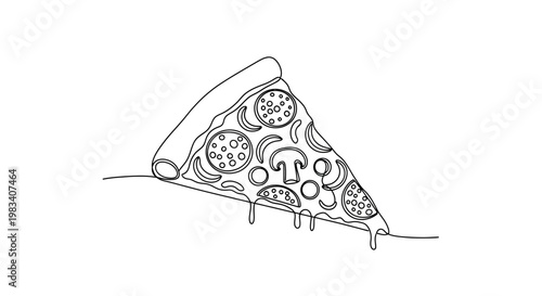 A black and white line drawing of a delicious pizza slice with melted cheese drips