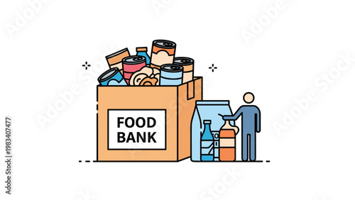 Informative food bank icon depicts a cardboard box overflowing with donations and a person providing aid to those in need.