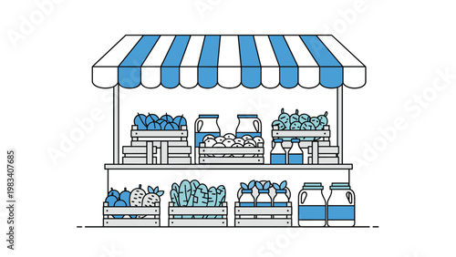 Minimalist blue and white market stall illustration showcases crates of produce and bottles of fresh milk under a canopy.