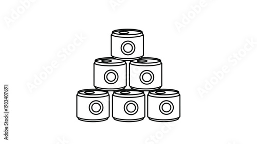 Simple black and white line drawing shows a stacked pyramid of six canned food items representing storage and supply.