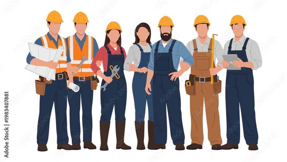 Obraz premium Construction Team: A united team of construction workers, each wearing their safety gear, stands confidently, ready to bring their blueprints and skills to the building site.