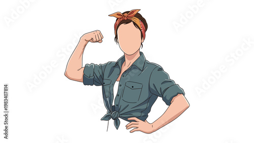 Empowering Icon of Strength: A resolute woman flexes her bicep in a display of power, a symbol of resilience.