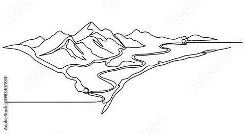 Black line drawing of a winding river flowing through mountains and a delta