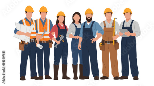 Construction Team: A united team of construction workers, each wearing their safety gear, stands confidently, ready to bring their blueprints and skills to the building site.