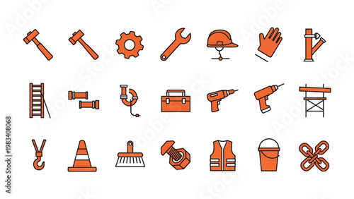 Construction Toolbox Essentials: An array of essential tools, representing all the crucial equipment for builders and constructors, each component carefully outlined for illustrative purposes. 