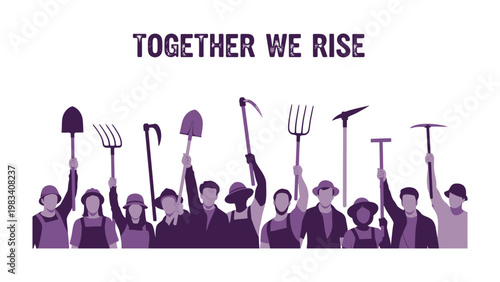 Unity in the Fields: A community of determined individuals stands together, arms raised, against a backdrop that reads Together we rise, embodying solidarity and shared purpose.
