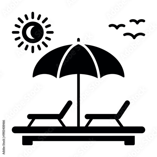 Beach Umbrella Vector Silhouette with Deck Chairs and Sun for Summer Vacation Poster Design