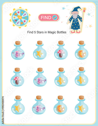 Children’s hidden object puzzle with cute wizard and magic potion bottles. Find five stars in glass bottles – fun educational game for kids.