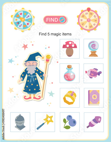 Cute wizard themed children’s game interface with hidden object puzzle. Find five magic items among colorful icons – fun and educational activity for kids. Includes fantasy elements.