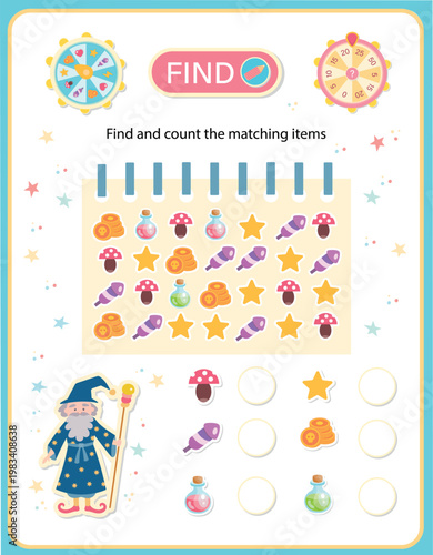 Magical I spy game for kids. Find and count the matching items educational worksheet. Vector illustration with a wizard, magic potions, stars, and mushrooms.