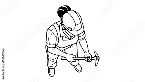 Industrious Laborer: An overhead perspective of a skilled worker meticulously using a pickaxe, demonstrating expertise and dedication in their trade.