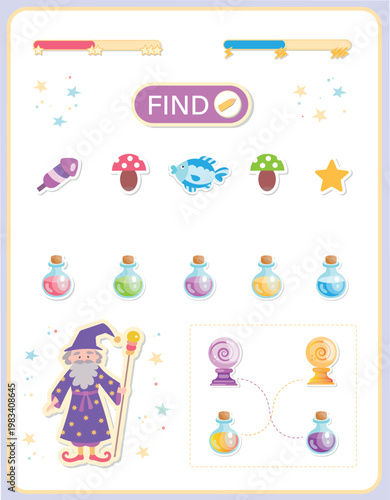 "Find the Pair" wizard-themed logical puzzle for children. Colorful educational worksheet featuring magic elements, mushrooms, and stars. Help the wizard find matching items.